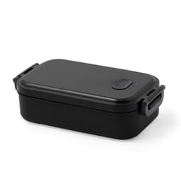 A black lunch box with a secure lid and side handles. The design is sleek and minimalist.