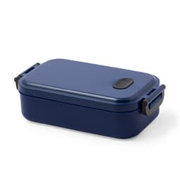 A navy blue lunch box with a secure lid and side handles, features a minimalistic design and a logo.