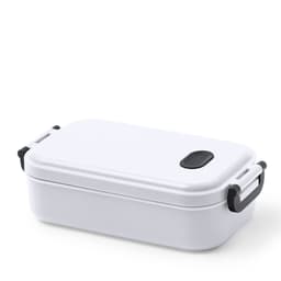 A white lunch box with a black latch and handle, featuring a sleek rectangular design.