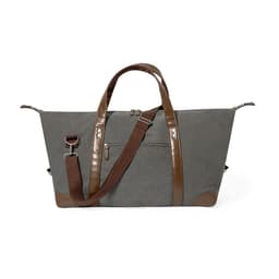 A grey bag with brown leather accents and handles, featuring a shoulder strap and a zippered pocket.