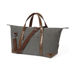 A grey bag with brown accents and handles, featuring a shoulder strap and a front pocket. Includes a logo.