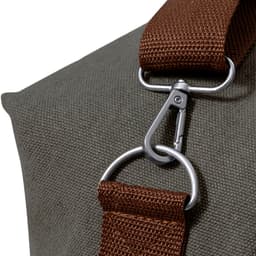 A close-up of a grey bag with a brown strap and metal clip attachment. The bag features durable material and stitching.
