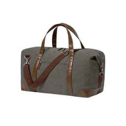 A grey bag with brown leather accents, featuring dual handles and a detachable shoulder strap.