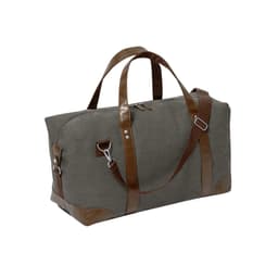 A grey bag with brown accents, featuring handles and a crossbody strap, and equipped with a zipper closure.
