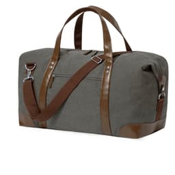 A grey duffle bag with brown leather accents and adjustable shoulder strap. It features a zippered pocket on one side.