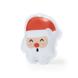 A Santa Claus-shaped gel pack with a red hat and a cheerful face, featuring white detailing.