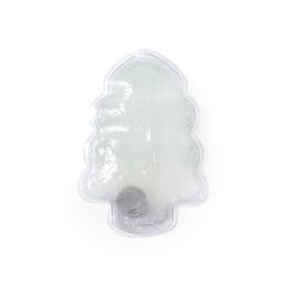 A gel pack shaped like a Christmas tree with a transparent exterior and a silver accent. It has a branding logo.