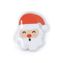 A Santa Claus-shaped gel ice pack with a smiling face, red hat, and white beard. The pack features a clear outer casing.