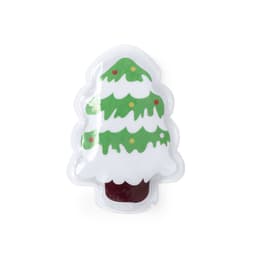 A Christmas tree-shaped decoration featuring green branches, white snow, and colourful ornaments. The product has a shiny finish.