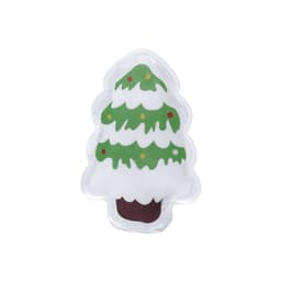 A decorative gel decoration shaped like a Christmas tree, featuring green layers, white snow, and colourful ornaments.
