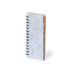 A grey notebook with a spiral binding featuring coloured sticky tabs along the edge.