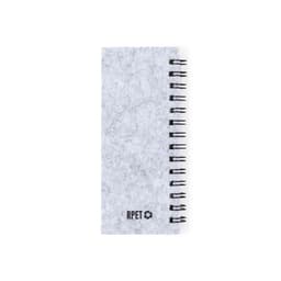 A rectangular spiral-bound notebook with a grey textured cover, featuring a logo on the bottom.