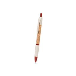 A pen with a cork body, red accents, and a white grip, featuring a clip and a logo.
