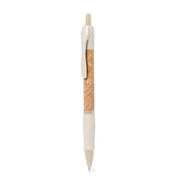 A cork and white pen with a smooth finish and grip. It features a clip for easy attachment.