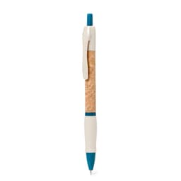 A cork and white pen with a blue clip and tip. It features a logo on the barrel.