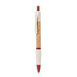 A cork and red pen with a white grip and clip, featuring a smooth ballpoint tip. It has a simple logo.