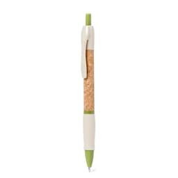 A green and beige pen with a cork grip. It features a clip and a branding logo.