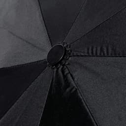 A black umbrella featuring a central button, showcasing a textured fabric design.