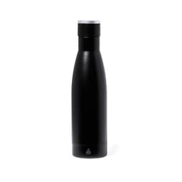 A drink bottle in sleek black, featuring a curved design and a screw-on lid, with a logo at the base.
