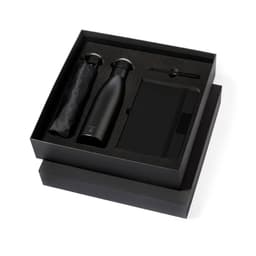 A black gift set featuring a drink bottle, notebook, pen, and a pouch, all placed in a black box.