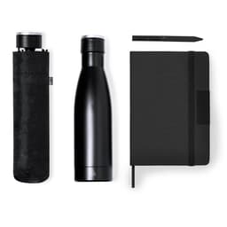 A black drink bottle, notebook, and pen are arranged neatly. The set includes a sleek carry pouch.