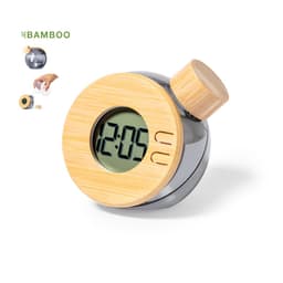 A round desk clock with a bamboo accent and digital display, featuring silver and light wood elements.