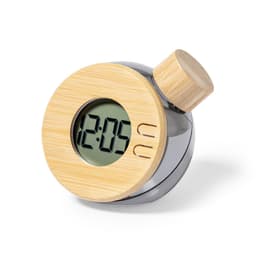 A round desk clock with a bamboo face and a silver body, featuring a digital display and a wooden top knob.