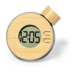 A round desk clock featuring a bamboo finish and digital display, with a grey base and a cylindrical knob.