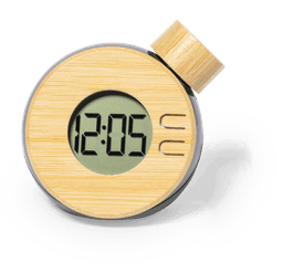 A round desk clock with a bamboo finish and digital display, featuring a grey base and a circular knob on top.
