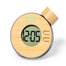 A wooden desk clock with a round design, featuring a digital display and a cylindrical top.