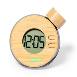 A round desk clock featuring a bamboo casing and a digital display, with a wooden knob on top.