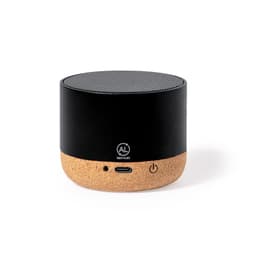 A black Bluetooth speaker with a cork base, featuring a logo and control buttons on the side.