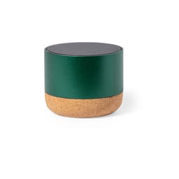 A green Bluetooth speaker with a cork base and a silver mesh top, featuring a logo on the side.