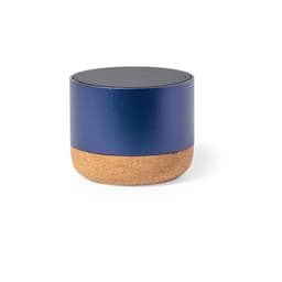 A round Bluetooth speaker featuring a blue metal top and a natural cork base, with a mesh speaker grille on top.