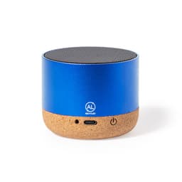A blue Bluetooth speaker with a cork base, featuring a textured top surface and a logo.