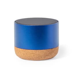 A round Bluetooth speaker featuring a blue metal top and a cork base. It has a sleek, modern design.