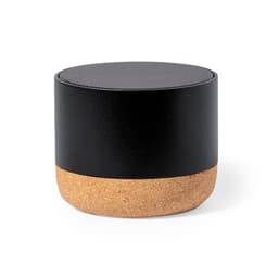 A compact Bluetooth speaker in black with a cork base, featuring a textured top design and a branding logo.