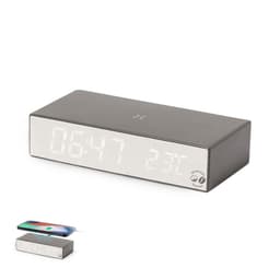A wireless charger in grey with a digital clock display, featuring a logo on the front.