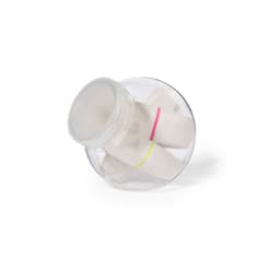 A transparent jar containing several highlighters with pink and yellow bands, showcasing a variety of pastel colours.