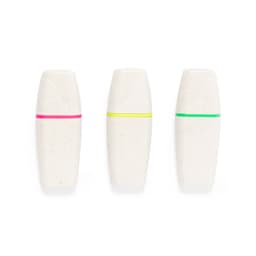 Three highlighters in shades of pink, yellow, and green, with a light-coloured body. Each has a distinct band for identification.