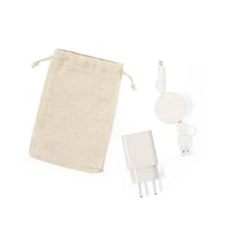A cream cotton pouch with a charging cable, USB plug, and a circular charging device, all in neutral tones.