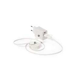 A white charging cable coiled beside a white wall adapter with a logo, designed for phone and technology use.