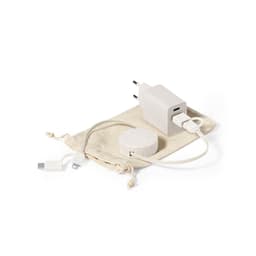 A charging cable set featuring a grey charger and a round white power adapter, presented on a beige pouch.