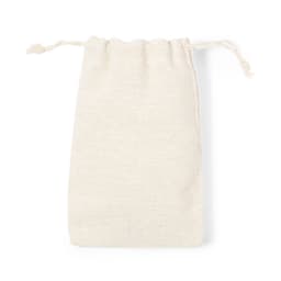 A cream-coloured drawstring pouch made of fabric, featuring a gathered top for closure.