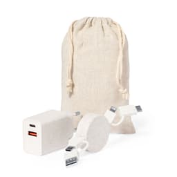 A charging cable set featuring a white charger, round cable, and a natural fabric drawstring bag.