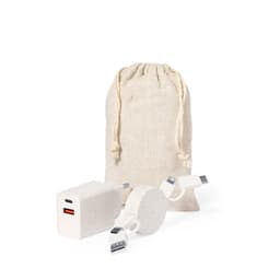 A charging cable set featuring a USB charger, round cable with connectors, and a natural fabric drawstring bag.