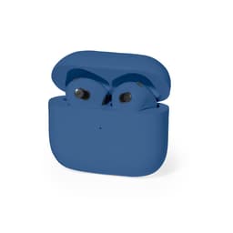 A pair of blue earbuds in a matching case, featuring a logo on the exterior.