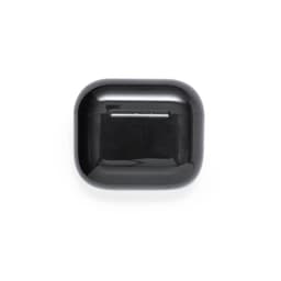 A black earbuds case with a glossy finish, featuring a simple design and a logo on the front.