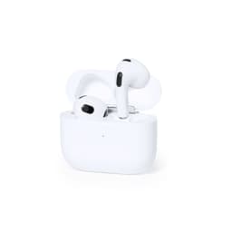 A pair of white earbuds in an open charging case, featuring a logo on the case.