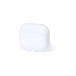 A white charging case for earbuds featuring a minimalist design and a small indicator light.